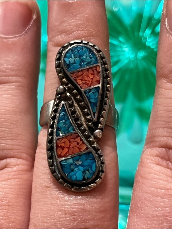 Vintage Jewelry - Vintage Navajo Sterling Silver 925 Crushed Turquoise Coral Inlaid Size 7 Ring